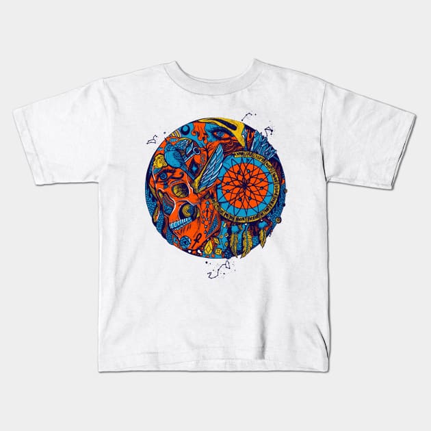 Orange Blue Skull and Dreamcatcher Circle Kids T-Shirt by kenallouis